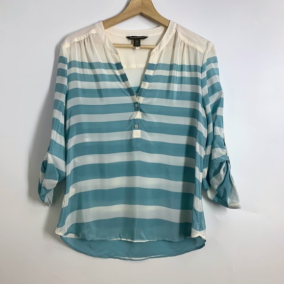 Tommy Bahama Tops - Tommy Bahama 100% Silk Striped V Neck‎ Roll Tab Sleeve Tunic Top Women Size S